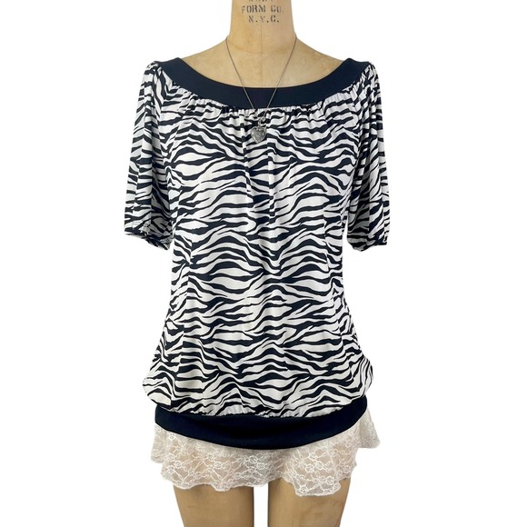 Unbranded Tops - Y2K‎ 2000's Blouse Zebra Print Banded Hem Womens M/L Mob Wife Retro Indie Party